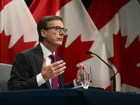 Governor of the Bank of Canada Tiff Macklem holds a press conference at the Bank of Canada in Ottawa, Wednesday, Oct. 28, 2020.