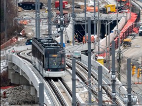 A light-rail vehicle is seen being tested along Line 5 -- the Eglinton Crosstown.