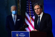 Secretary of State nominee Antony Blinken speaks after being introduced by President-elect Joe Biden as he introduces key foreign policy and national security nominees and appointments at the Queen Theatre in Wilmington, Delaware on Nov. 24, 2020.