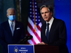 Secretary of State nominee Antony Blinken speaks after being introduced by President-elect Joe Biden as he introduces key foreign policy and national security nominees and appointments at the Queen Theatre in Wilmington, Delaware on Nov. 24, 2020.