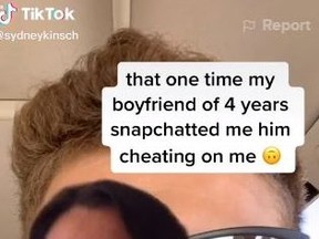 A woman on TikTok shows a picture of her boyfriend who was caught cheating while on a Snapchat with her.