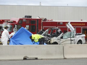 Two people were killed and a third critically injured in a multi-vehicle crash on Hwy. 401 near Winston Churchill Blvd. in Mississauga on Saturday, Nov. 21, 2020.