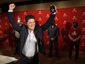 Unifor National President Jerry Dias celebrates after reaching a deal with General Motors on Thursday, Nov. 5, 2020.