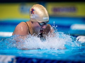 Kelsey Wog competes in a breaststroke race at the International Swimming League’s second season in Budapest.