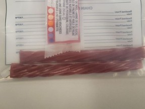 Kenora OPP say a small razor blade was found in a Twizzlers package on Sunday, Nov. 1, 2020.