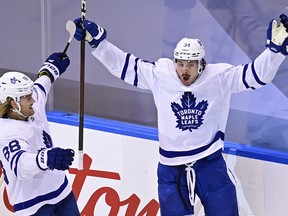 William Nylander (left), Auston Matthews and 
the rest of the Maple Leafs are awaiting word on what the upcoming NHL season might look like.