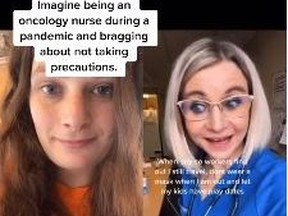 TikTok user Amanda Butcher, left, posted a duet video with the original created by an Oregon nurse in which she brags about not wearing a mask outside work.