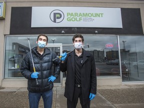 Jacob Sofer (left) and Jake Giller in front of their business Paramount Golf, located at Lawrence Ave W. and Bathurst St., in Toronto, Ont. on Thursday, Nov. 26, 2020.