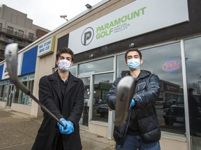 Jacob Sofer (right) and Jake Giller in front of their business Paramount Golf, located at Lawrence Ave W. and Bathurst St., in Toronto, Ont. on Thursday, Nov. 26, 2020.