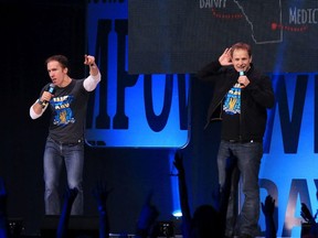 Craig, left and Marc Keilburger the co-founders of We Day talk to the packed Saddledome audience on We Day in Calgary Monday November 3, 2014.