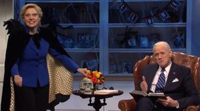 Kate MacKinnon portrays Hillary Clinton and Jim Carrey as Joe Biden open the Halloween night edition of “Saturday Night Live”, Oct. 31, 2020.