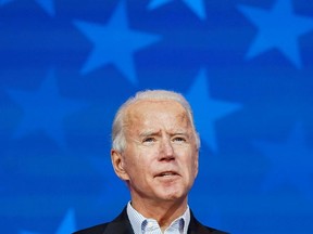 Democratic presidential nominee Joe Biden makes a statement on the U.S. presidential election results during a brief appearance before reporters in Wilmington, Delaware, November 5, 2020.