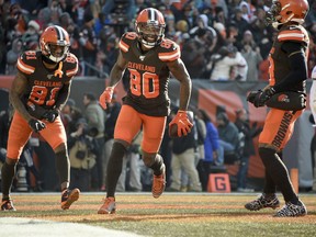 Browns wide receivers Rashard Higgins #81 and Jarvis Landry #80, as well as two of their backups, will miss Sunday's game.