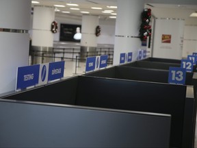 An area in Terminal 3 is set up for testing at the Toronto Pearson International Airport on Tuesday Dec. 29, 2020.