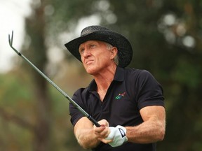 Greg Norman of Australia plays his shot from the fourth tee during the final round of the PNC Championship at the Ritz-Carlton Golf Club Orlando on December 20, 2020 in Orlando, Florida.