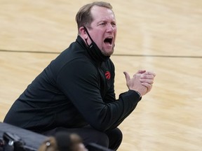 Toronto Raptors head coach Nick Nurse argues a call in the fourth quarter of the game against the San Antonio Spurs.