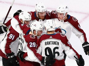 The Colorado Avalanche celebrate a goal by Nazem Kadri against the Arizona Coyotes during the 2020 NHL Stanley Cup Playoffs at Rogers Place on August 17, 2020 in Edmonton.