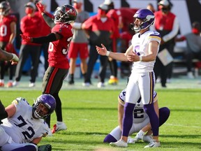 Minnesota Vikings kicker Dan Bailey  react after a missed field goal against the Tampa Bay Buccaneers Sunday. USA TODAY