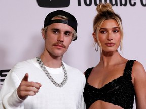 Justin Bieber and his wife Hailey pose at the premiere for the documentary television series “Justin Bieber: Seasons” in Los Angeles January 27, 2020.