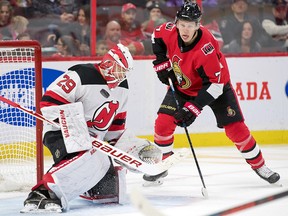 New Jersey Devils goalie Mackenzie Blackwood (29) makes a save at the Canadian Tire Centre.