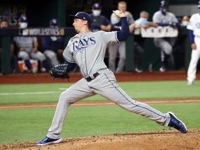 Blake Snell of the Tampa Bay Rays delivers a pitch against the Los Angeles Dodgers in Game 2 of the World Series at Globe Life Field in Arlington, Texas, Oct. 21, 2020.