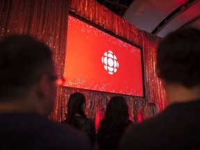 The CBC logo is projected onto a screen during the CBC's annual upfront presentation at The Mattamy Athletic Centre in Toronto, Wednesday, May 29, 2019.