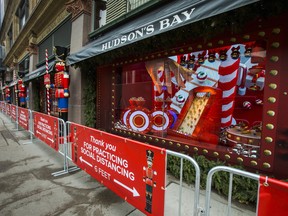 The Bay's Christmas windows at its Yonge and Queen Sts. location in downtown Toronto, on November 5, 2020.