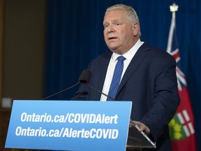 Ontario Premier Doug Ford answers questions during the daily briefing at Queen's Park in Toronto on November 16, 2020.
