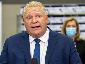 Ontario Premier Doug Ford answers questions during the daily briefing at Humber River Hospital in Toronto on November 24, 2020.
