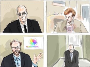Crown attorney Joe Callaghan, clockwise from top left, Justice Anne Molloy, accused in the April 2018 Toronto van attack Alek Minsassian and Dr. Alexander Westphal are shown during a murder trial conducted via Zoom videoconference, in this courtroom sketch on Monday, Nov. 30, 2020.
