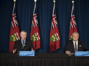 Retired General Rick Hillier,  chair of the COVID-19 Vaccine Distribution Task Force, responds to a question,  as Ontario Premier Doug Ford listens, during a press conference at Queen's Park in Toronto on Friday, December 11, 2020.