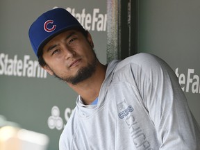 Yu Darvish of the Chicago Cubs is seen in the dugout on August 4, 2018 at Wrigley Field in Chicago.