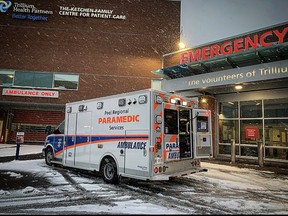 An ambulance parked outside the Mississauga Hospital emergency room