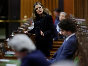 Finance Minister Chrystia Freeland speaks in the House of Commons after unveiling her first fiscal update, the Fall Economic Statement 2020, in Ottawa Nov. 30, 2020.
