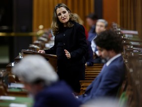 Finance Minister Chrystia Freeland speaks in the House of Commons after unveiling her first fiscal update, the Fall Economic Statement 2020, in Ottawa November 30, 2020.