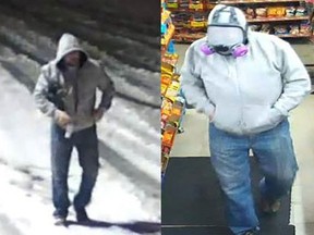 Images of a man wanted in a Nov. 22, 2020 knife-point robbery at Elderberry Convenience store in Oshawa.