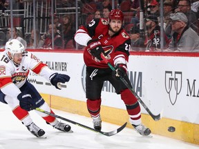 Oliver Ekman-Larsson  of the Arizona Coyotes clears the puck away from Aleksander Barkov  of the Florida Panthers during the first period of the NHL game at Gila River Arena on February 25, 2020 in Glendale, Arizona.  According to Forbes magazine, the value of each team has dropped 5% since the COVID-19 pandemic took hold last March.
