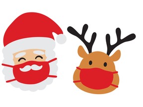 Santa Claus and Rudolph wearing face masks.