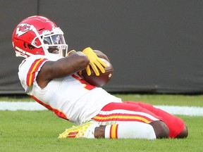 Kansas City Chiefs wide receiver Tyreek Hill celebrates after scoring a touchdown against the Tampa Bay Buccaneers on Nov 29, 2020.