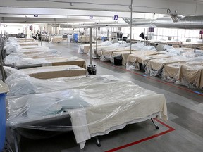 Back-up hospital beds are seen in the parking garage at the Renown Regional Medical Center in Reno, Nevada, November 11, 2020.