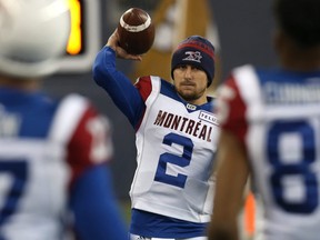Montreal Alouettes QB Johnny Manziel warms up prior to CFL action against the Winnipeg Blue Bombers in Winnipeg on Fri., Sept. 21, 2018.
