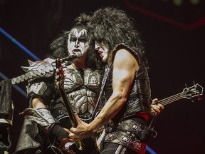 Singer-bassist Gene Simmons (left) and singer-guitarist Paul Stanley of KISS perform during The End of the Road World Tour at the Scotiabank Arena in Toronto on Wednesday March 20, 2019.
