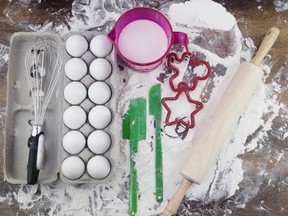 Messy baking space on kitchen table