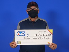 Gregorio Ballesteros of Brampton collects a $12.5-million group win on the Oct. 24 Lotto 6/49 draw.