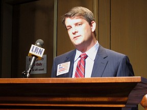 In this July 22, 2020 file photo, Luke Letlow speaks after signing up to run for Louisiana's 5th Congressional District  in Baton Rouge, La.