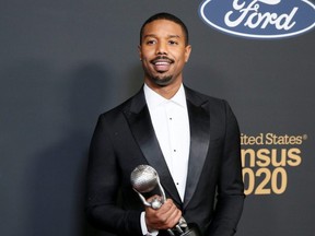Michael B. Jordan poses backstage with his Outstanding Actor in a Motion Picture for "Just Mercy" in Pasadena, Calif., Feb. 22, 2020.
