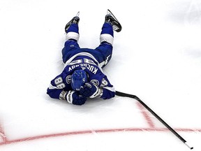 Nikita Kucherov of the Tampa Bay Lightning reacts after getting hit against the Dallas Stars at Rogers Place on September 21, 2020 in Edmonton.