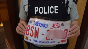 Paper-printed Alberta licence plate from vehicle involved in acollision in Port Coquitlam, B.C.