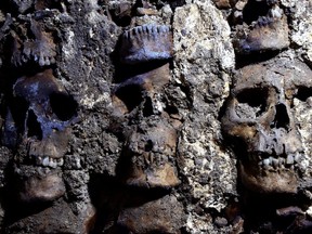 A photo shows parts of an Aztec tower of human skulls, believed to form part of the Huey Tzompantli, a massive array of skulls that struck fear into the Spanish conquistadores when they captured the city under Hernan Cortes, at the Templo Mayor archaeology site, in Mexico City, Mexico Sept. 22, 2020.
