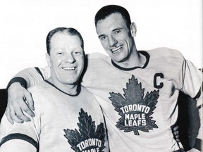 Captain Teeder Kennedy celebrates the Leafs' 1949 Cup win with Turk Broda. The 1948-49 NHL regular season lasted 60 games.